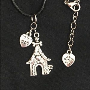 Doghouse and paw print I love my dog pendant necklace